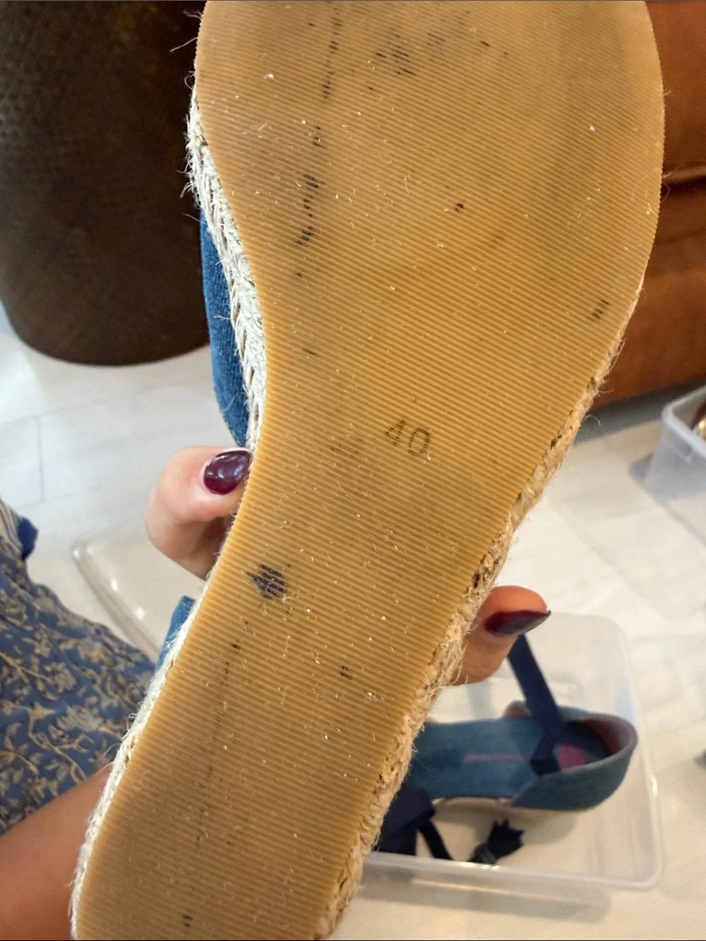 Denim Espadrille Wedge Sandals with Navy Ribbon Detail
